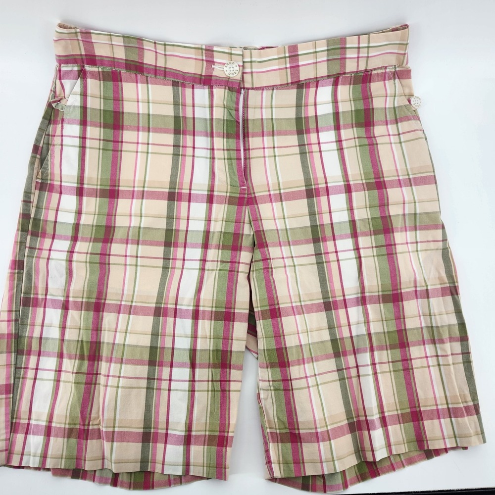 IZOD XFG Womens Plaid Stretch Bermuda Shorts Pink Green Tan Size 8 Golf Casual